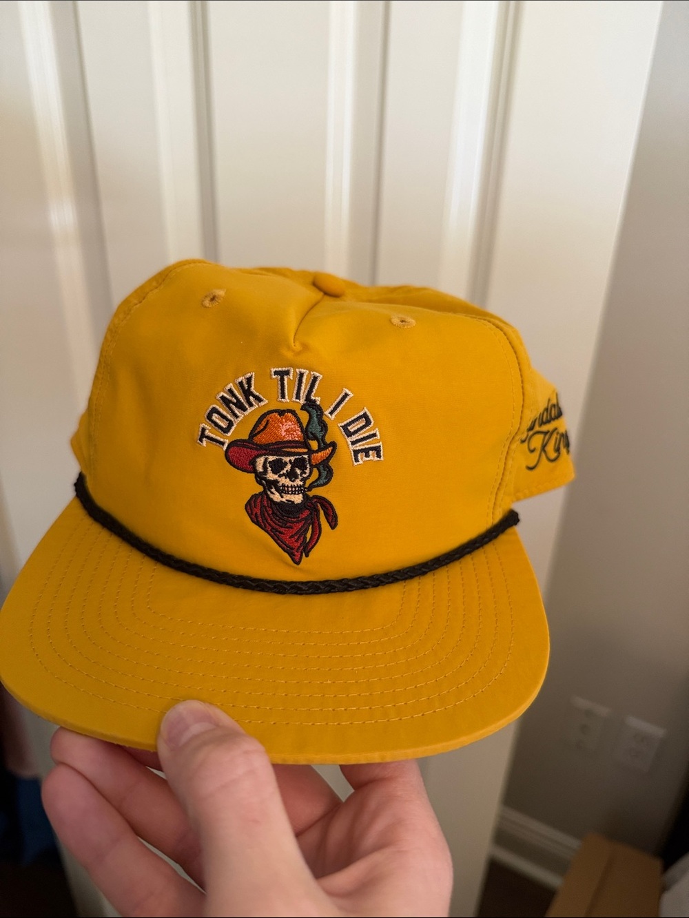 Yellow 'Tonk Til I Die' Embroidered Western Skull Cap